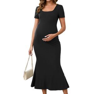 Maternity Fishtail Hem Bodycon Ribbed Maxi Dress Black